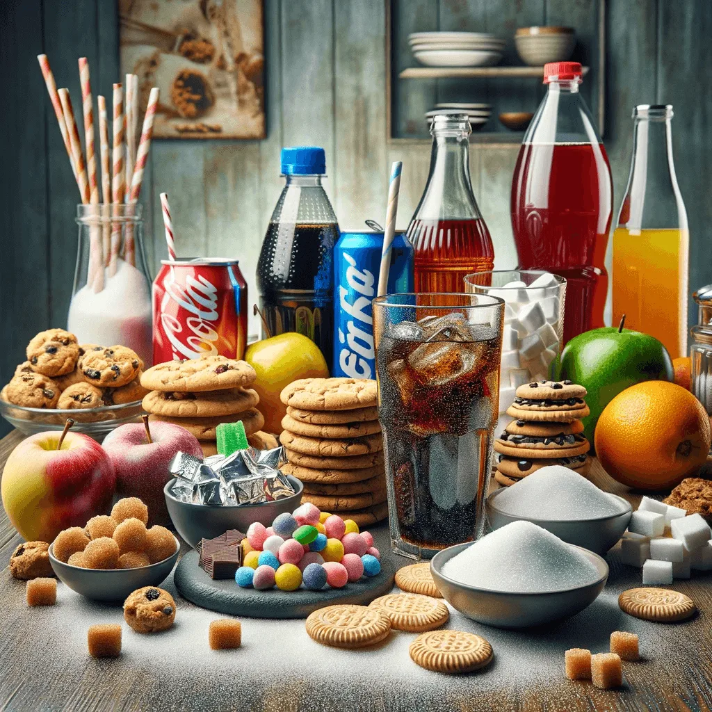 Een indringende en educatieve afbeelding gericht op het thema 'Hoeveel suiker per dag'. De scène toont een assortiment van gangbare suikerrijke voedingsmiddelen en dranken, zoals frisdrank, snoep, koekjes en vruchtensap, kunstzinnig gerangschikt om een typische dagelijkse consumptie te vertegenwoordigen. Elk item is gedetailleerd weergegeven, met nadruk op de textuur en aantrekkelijkheid, maar zodanig georganiseerd dat het idee van kwantiteit en potentiële overconsumptie visueel wordt gecommuniceerd. De achtergrond is een eenvoudige keuken- of eettafelsetting, ontworpen om de voedingsmiddelen en dranken te benadrukken en kijkers subtiel aan te moedigen na te denken over de hoeveelheid suiker in hun dagelijkse dieet
