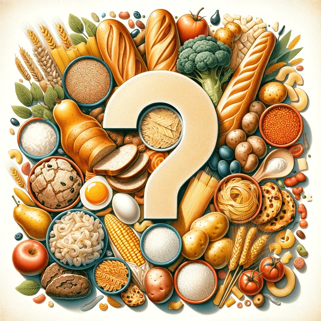 Visueel aantrekkelijke afbeelding die illustreert waar koolhydraten in zitten, met een verscheidenheid aan koolhydraatrijke voedingsmiddelen zoals brood, pasta, rijst en aardappelen, gearrangeerd rond een groot vraagteken om het thema van onderzoek te benadrukken