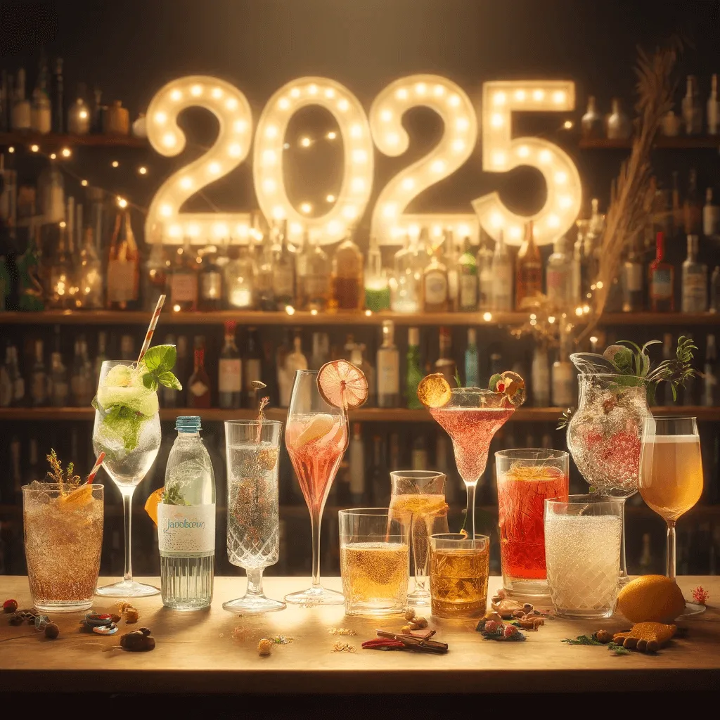 "Een symbolische en aantrekkelijke afbeelding die 'Dry January 2025' vertegenwoordigt. De scène toont een verscheidenheid aan alcoholvrije drankjes zoals bruisend water, mocktails en kruidentheeën, elegant weergegeven in een uitnodigende setting. Elk drankje is duidelijk te onderscheiden, met levendige kleuren en geserveerd in aantrekkelijk glaswerk om de feestelijke maar alcoholvrije aard van de maand te benadrukken. De setting is een gezellige huisbar of een feestelijke partyscène, subtiel gedecoreerd om het winterseizoen te weerspiegelen. Het getal '2025' is creatief geïntegreerd in de achtergrond, gevormd door de rangschikking van glazen of als onderdeel van de decoratie, wat inspiratie biedt voor viering en plezier zonder alcohol.