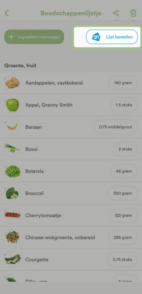 In de app: de boodschappenlijst per afdeling, met de knop om de lijst bij Albert Heijn te bestellen