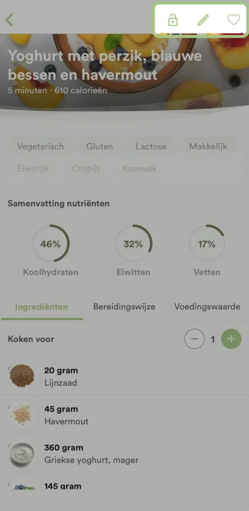 In de app: een recept met ingrediënten, voedingswaarde en de knoppen vastzetten, aanpassen en favoriet