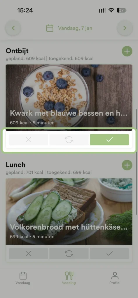 In de app: een maaltijd met de knoppen weghalen, wisselen en afvinken