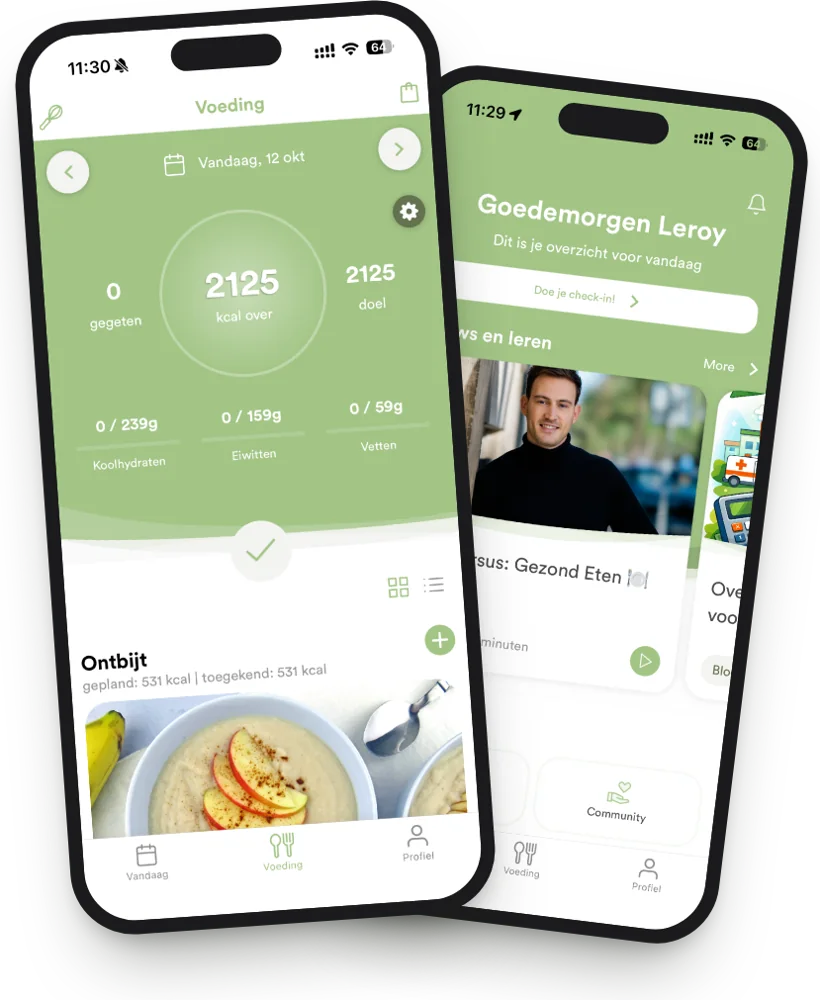 De Voedingsweetjes app op twee telefoons: het overzicht Voeding met calorieën en het dagoverzicht
