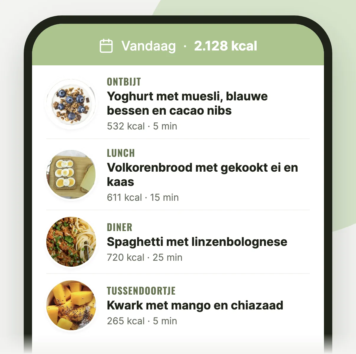 Voorbeelddag in de Voedingsweetjes app: ontbijt yoghurt met muesli, blauwe bessen en cacao nibs (532 kcal), lunch volkorenbrood met gekookt ei en kaas (611 kcal), diner spaghetti met linzenbolognese (720 kcal) en als tussendoortje kwark met mango en chiazaad (265 kcal).